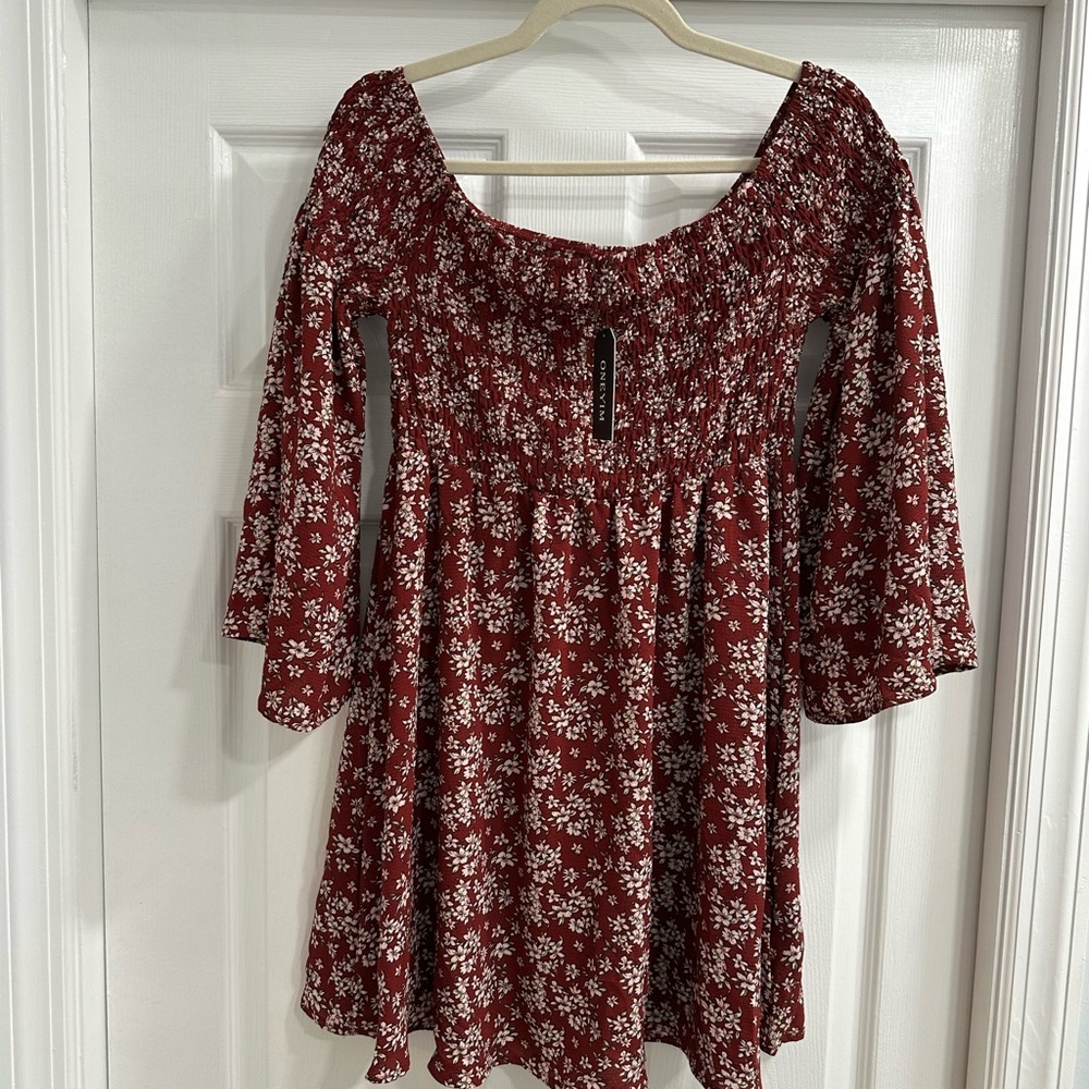 NWT ONEYIM Burgundy Floral Print Long Sleeve Off The Shoulder Summer/Fall Dress